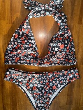 Floral Halter Bikini Set in Black with Coral & White Flowers